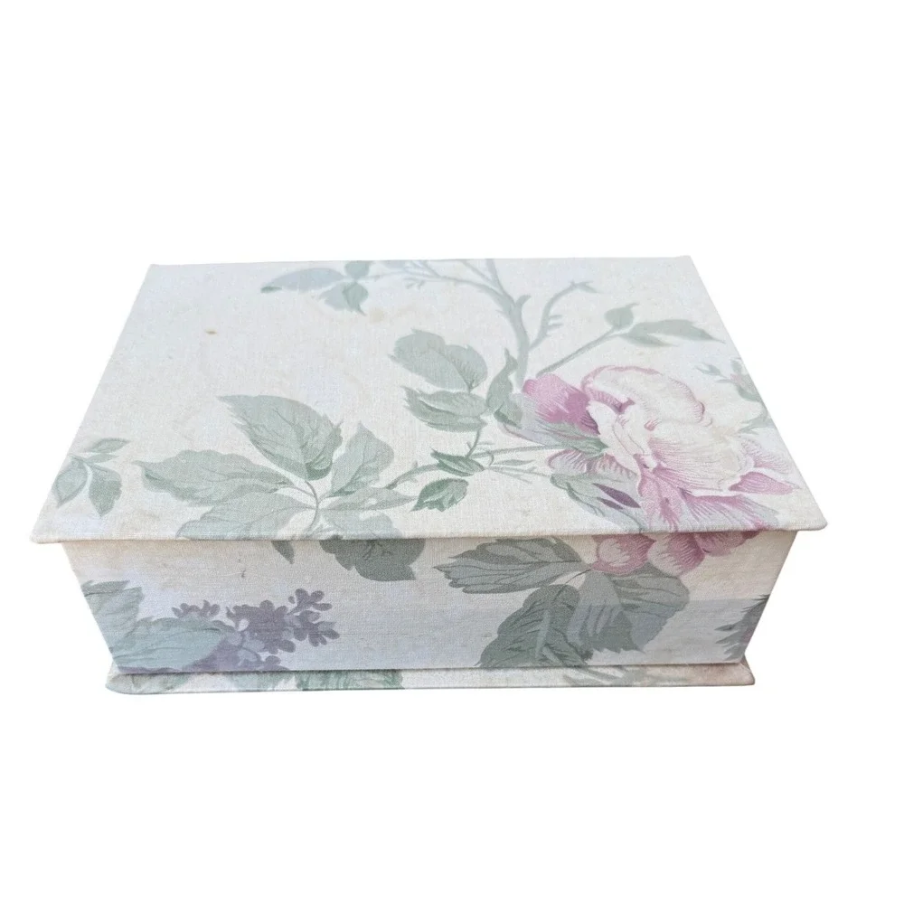 Vintage 90s Floral Fabric Jewelry Box Mirror Organizer‎ Cottagecore Shabby USA